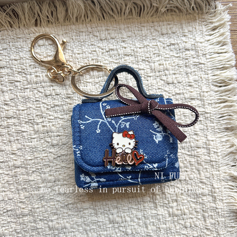 Korean Style New Retro Dots Cartoon Cat Lipstick Pack Pearl Exquisite High Sense Versatile Pendant Keychain for Women