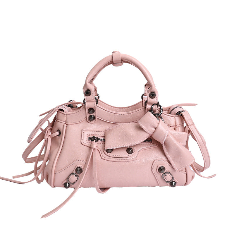 Retro Rivet Moto Bag Women's Fashion 2026 Trendy Small Crossbody Handbag with Tassel Details