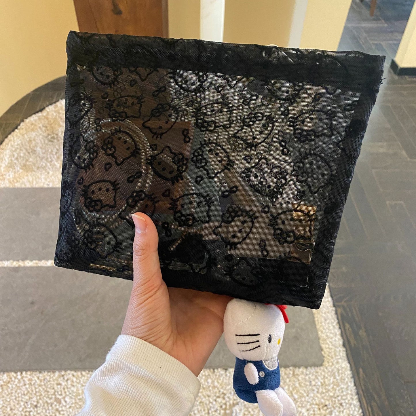 Cute Cat Mesh Girl Cosmetic Bag Breathable and Simple Makeup Buggy Bag Stylish and Portable Clutch