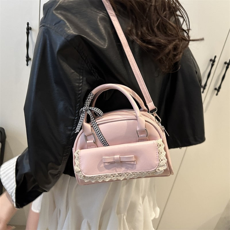 Cute Korean Style Handbag with Bow and Lace Trim, Fashionable Crossbody Bag for Women, Simple and Sweet Design