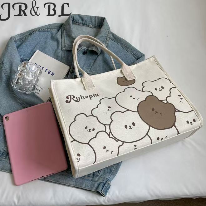 Cartoon Bear Canvas Bag for Women New Fashion Commuter Bag Large Capacity Student Shoulder Tote Bag