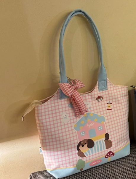 Cute Cartoon Dog Print Tote Bag with Magnetic Closure and Stylish Patches for Casual Travel