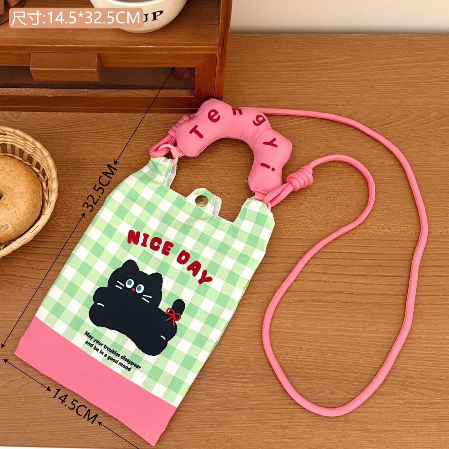 Cute Cartoon Mobile Phone Bag Adjustable Shoulder Strap Portable Daily Cute Cat Plaid Design Storage Messenger Bag