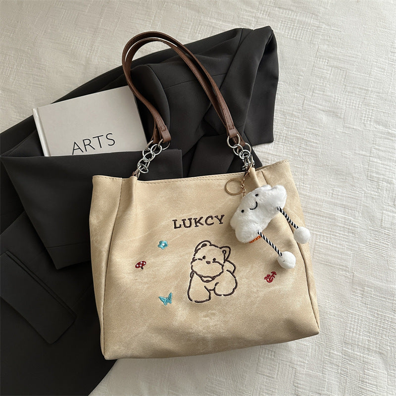 Cute Cat Print Tote Bag with Cloud Charm 2026 Spring New Korean Style Large Capacity Simple Shoulder Bag for Daily Use