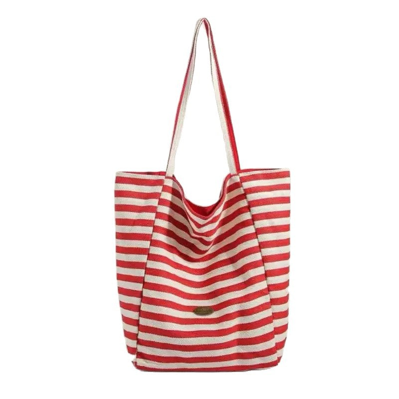 2026 Trendy Striped Canvas Tote Bag for Women, Large Capacity Casual Shoulder Bag with Street Style Design