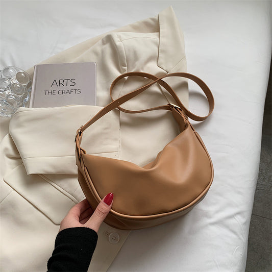 New Trendy Women's Bags Retro Design Soft PU Leather Half-Moon Shoulder Bag Simple Daily Commuter Messenger Bag