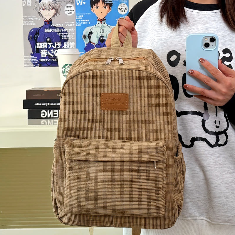 Retro Plaid Corduroy Backpack with Breathable Design for Students, Lightweight and Stylish School Bag with Adjustable Padded Straps