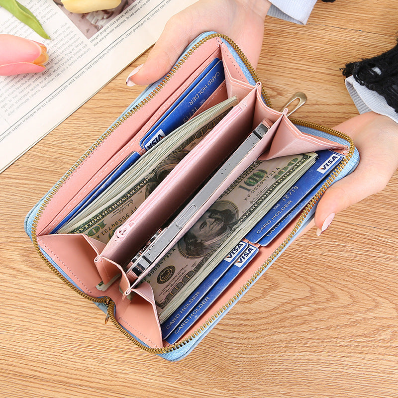 Elegant Floral Embossed Long Wallet with Zipper and Wrist Strap, Fashionable Women's Purse with Multiple Inner Compartments for Phone and Cards