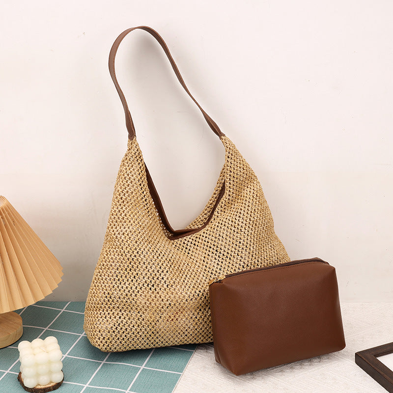 Retro Large Capacity Straw Bag New Fashion Woven Commuter Shoulder Bag Beach Casual Ladies