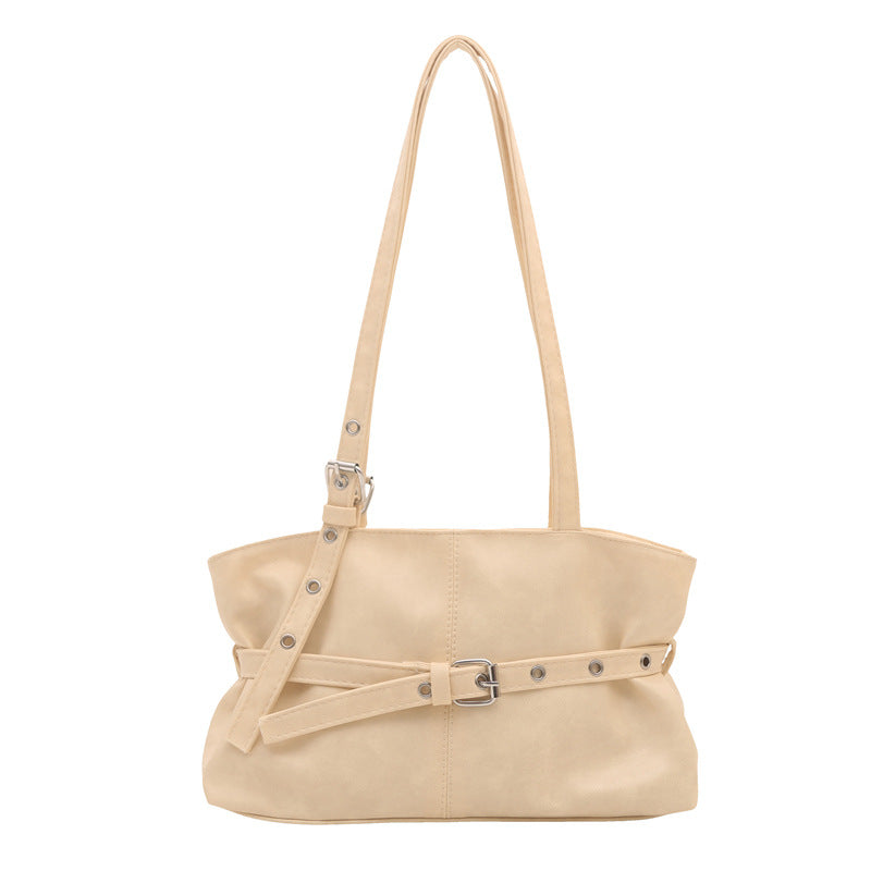 Retro Chic Women's Large Capacity Tote Bag with Belt Buckle Design for Daily Commute and Casual Style