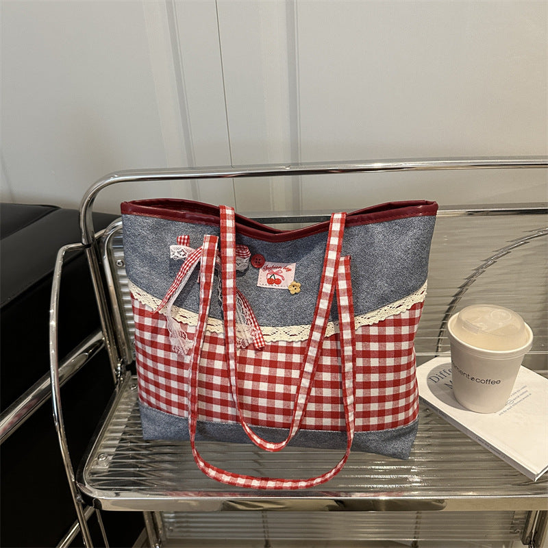 2025 New Korean Style Lace Checkered Tote Bag for Women, Casual Everyday Shoulder Bag with Large Capacity and Fashionable Design
