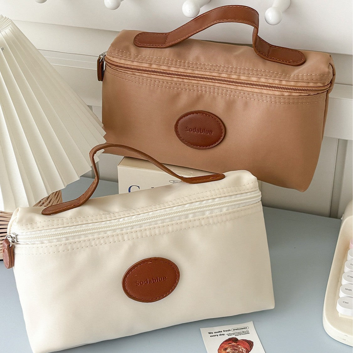 Elegant Nylon Cosmetic Bag with Leather Accent Handle, Lightweight & Portable for Daily Use