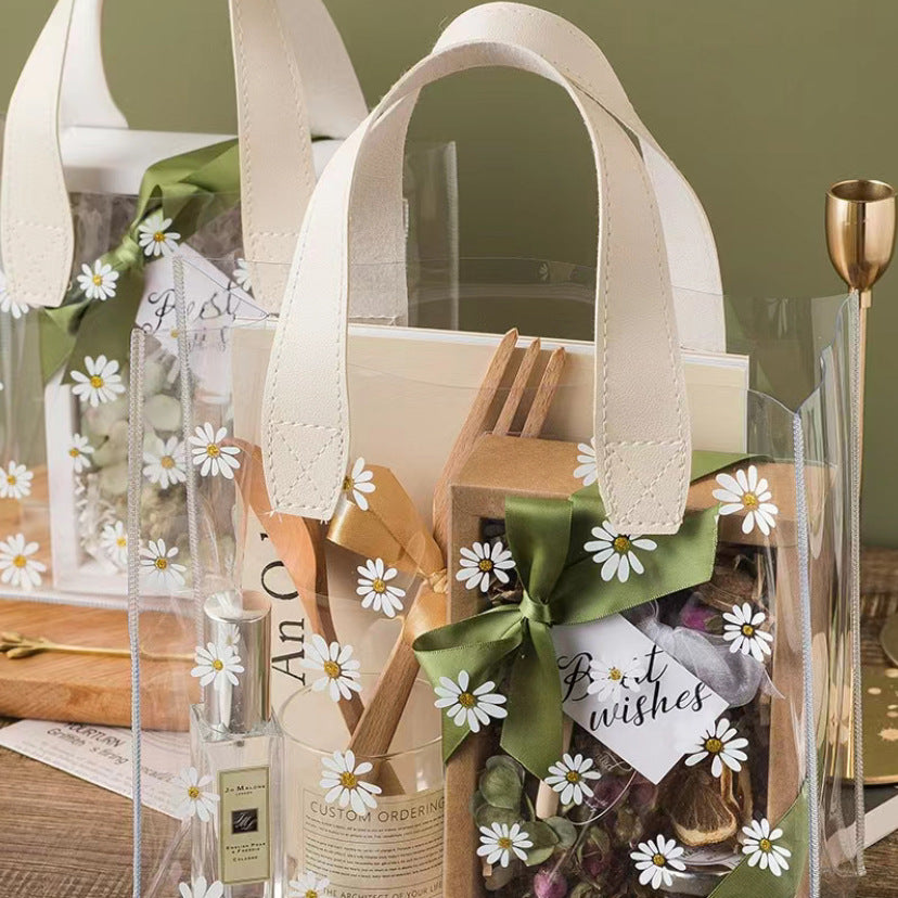 Chic Transparent PVC Tote Bag with Floral Print and Satin Handle for Gift Packaging and Everyday Use