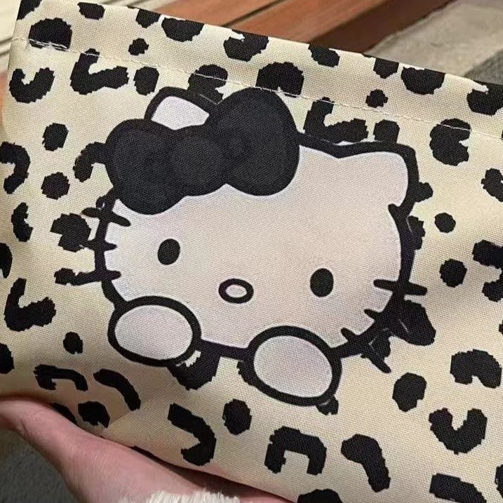 Cute Leopard Print Hello Kitty Women's Cosmetic Bag Zipper Closed Lightweight Portable Daily Storage