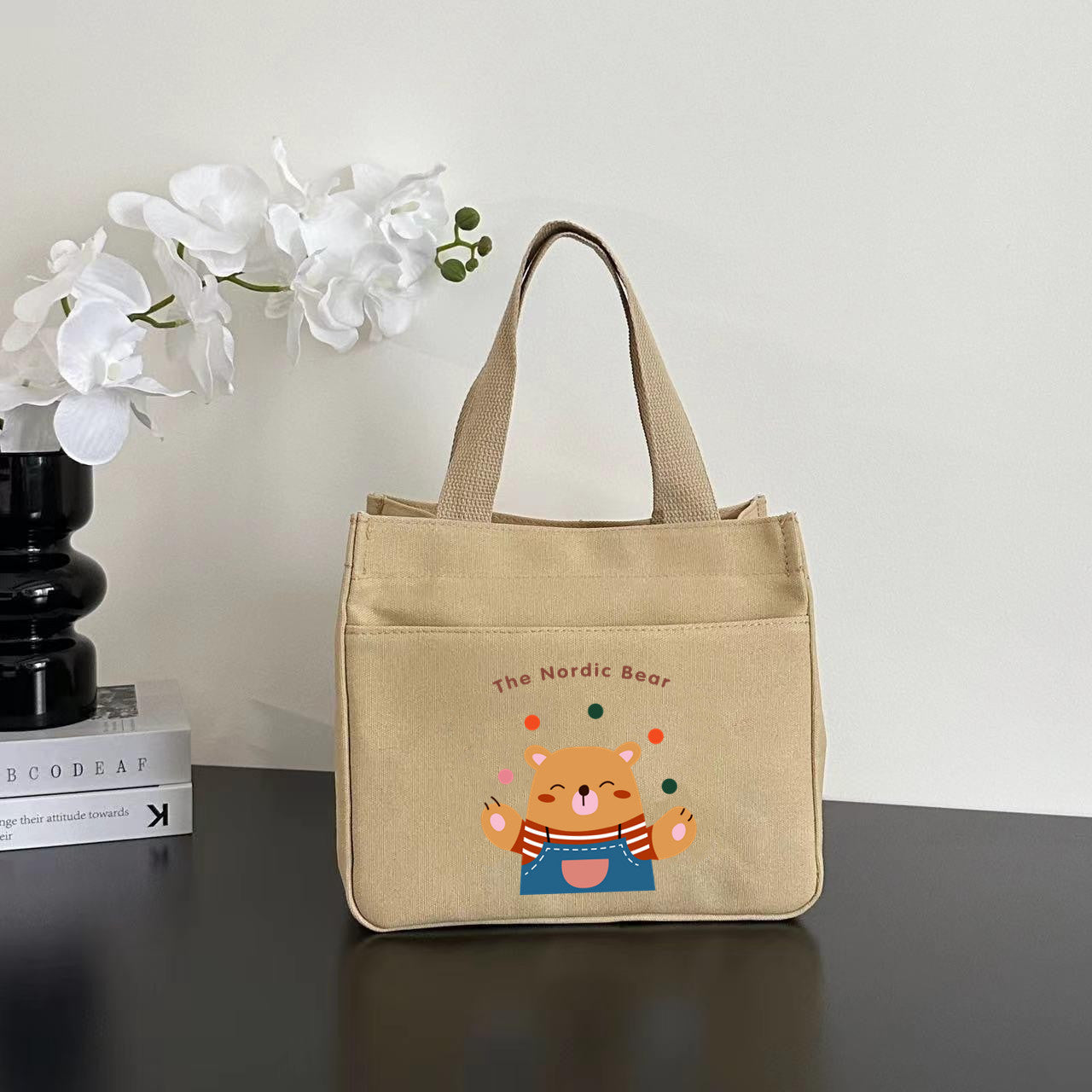 Women's Shoulder Bag Nordic Bear Canvas Tote Bag Zipper Design Cute Cartoon Pattern Daily Commuter Bento Tote Bag