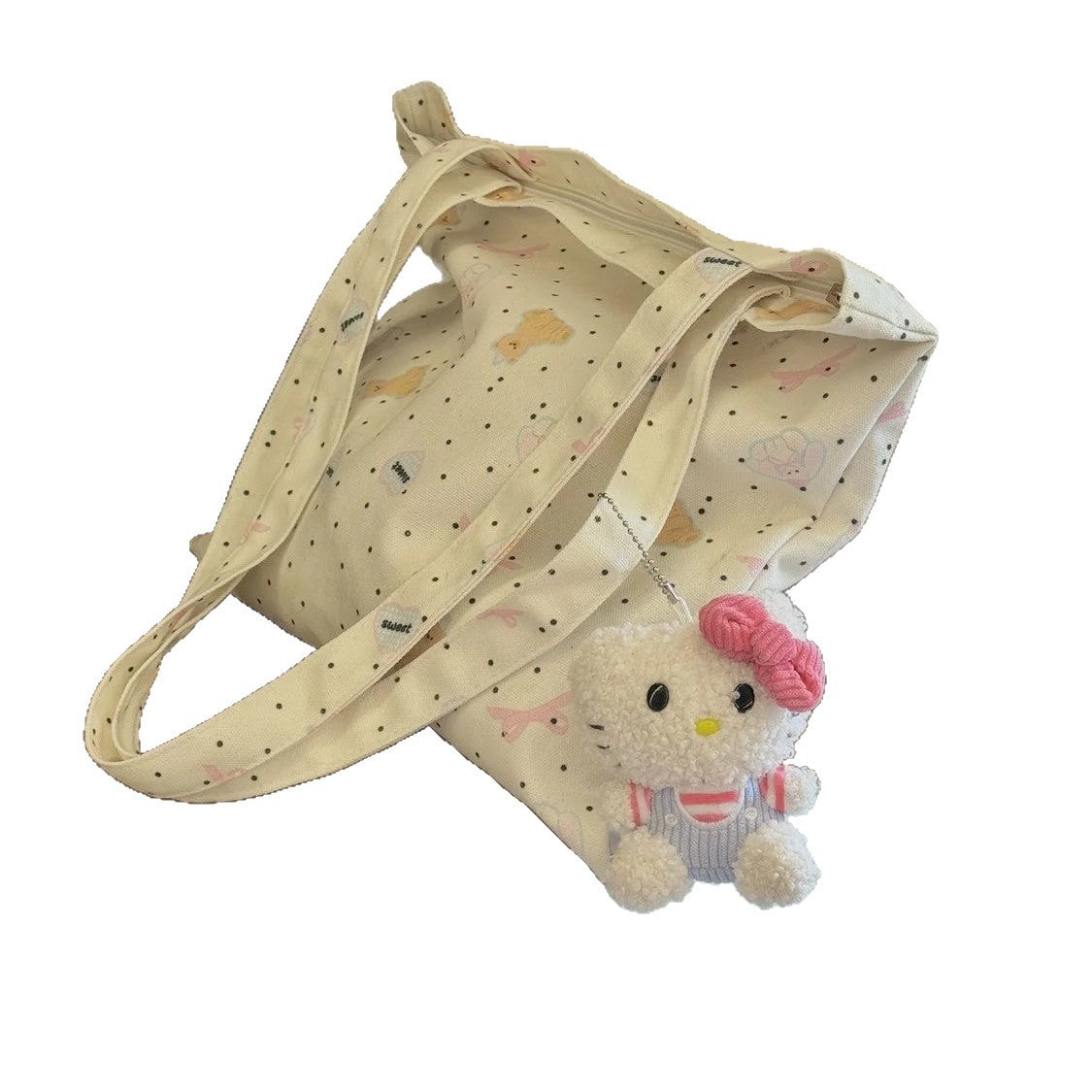 Cute Cartoon Canvas Tote Bag for Women, Large Capacity Shoulder Bag with Hello Kitty Charm, Perfect for Daily Commute and Shopping