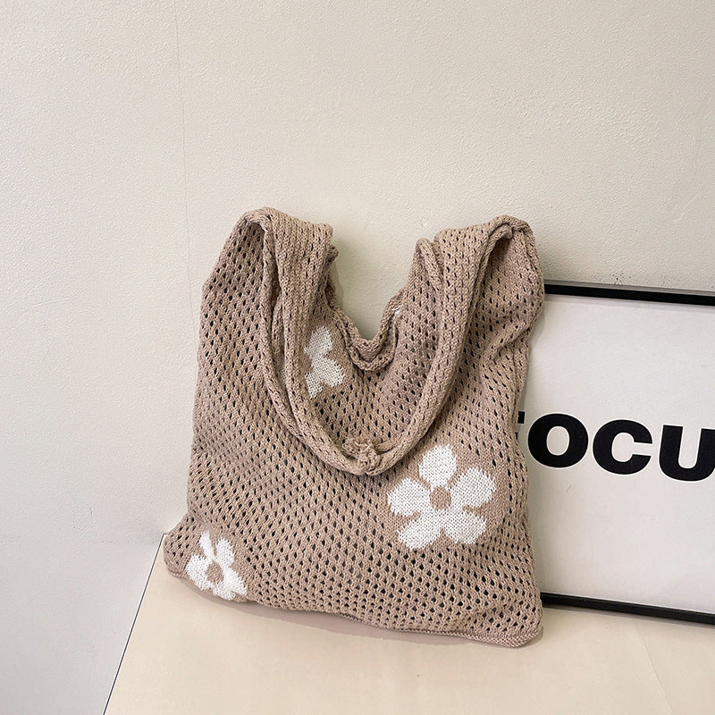 One Shoulder Bag Women's Japanese and Korean Retro Cotton Braided Knitted Handbag Flower Beach Vacation