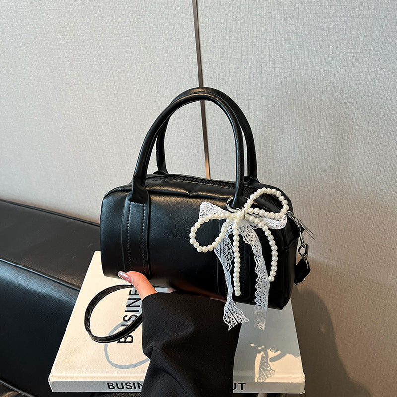 Chic Pearl Bow Boston Bag Women's Fashion Handbag with Lace Detailing for Everyday Style