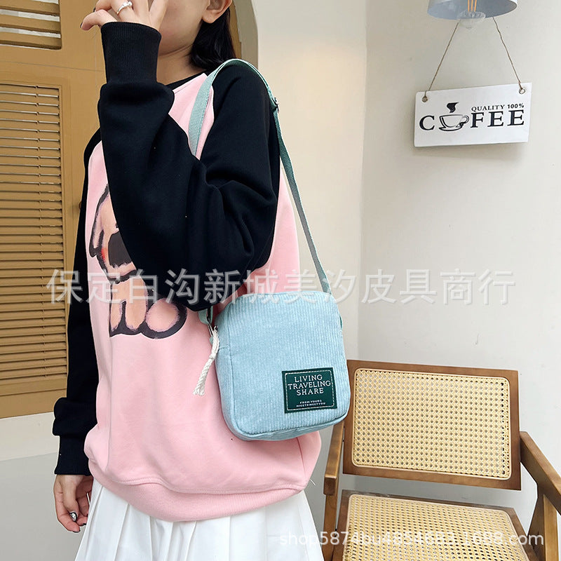 Corduroy Small Square Bag Women's Shoulder Bag Korean Simple Messenger Bag Zipper Closure Strap Mobile Phone Bag