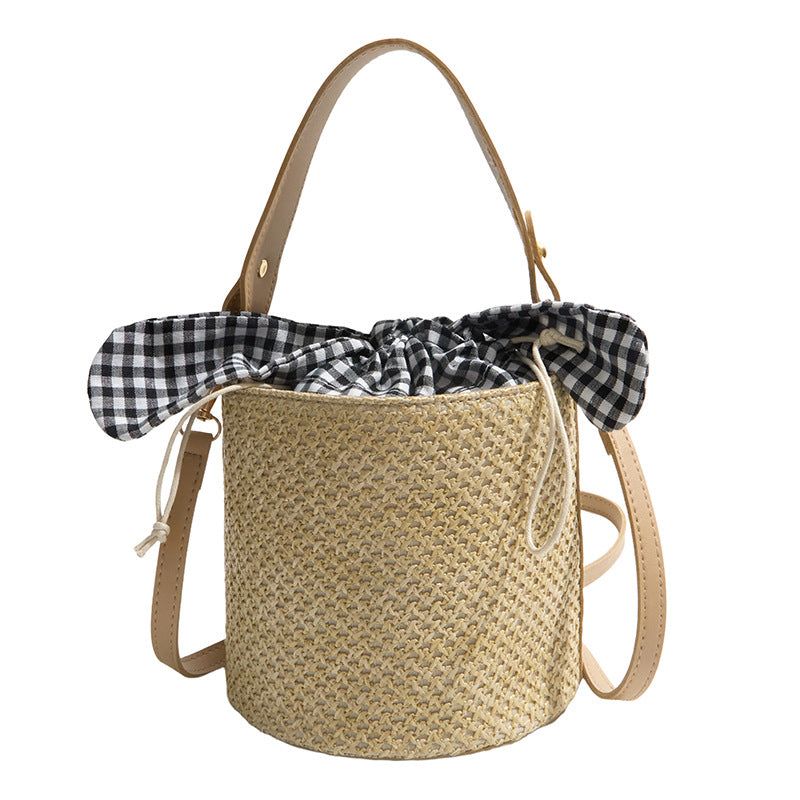 Sweet Style Straw Bucket Bag Women's Summer New Bow Drawstring Design Shoulder Messenger Bag