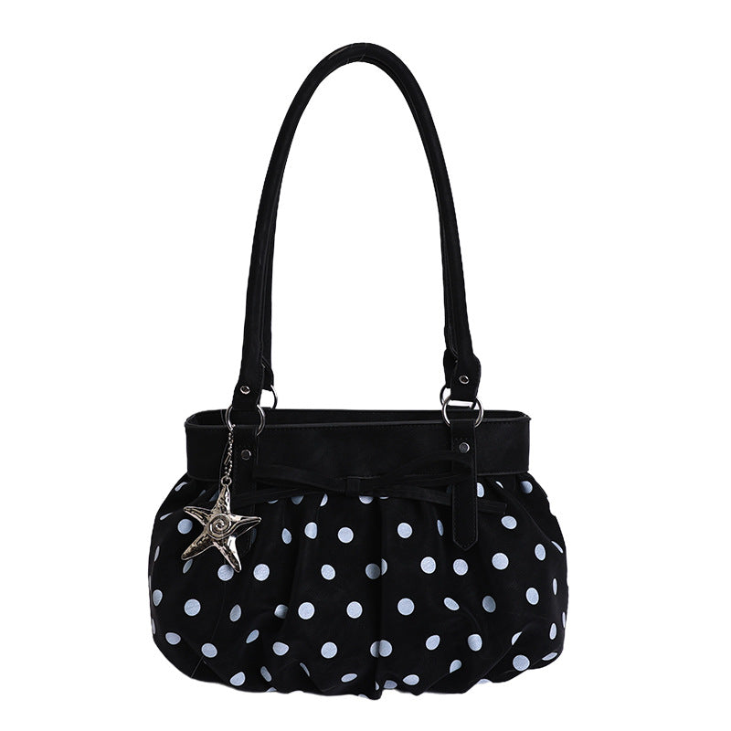 Korean Style Large Capacity Pleated Tote Bag with Polka Dot Print for Women, Casual Shoulder Bag for Daily Use