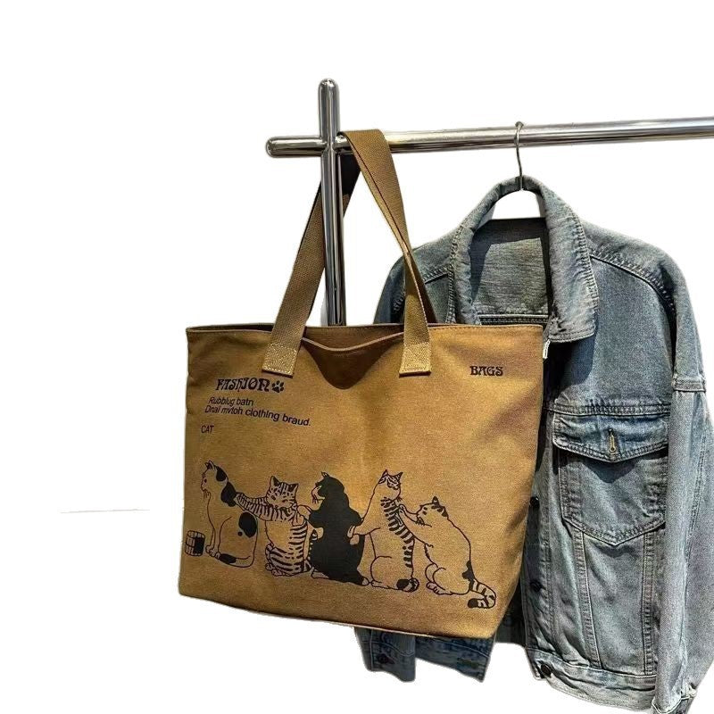 Fashionable Canvas Tote Bag with Cute Cat Print, Large Capacity Shoulder Bag for Daily Use and Travel