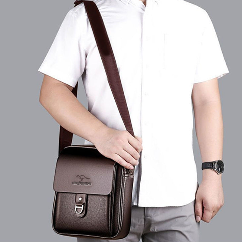 Stylish PU Leather Men's Shoulder Bag with Kangaroo Logo, Business Casual Crossbody Bag for Daily Use
