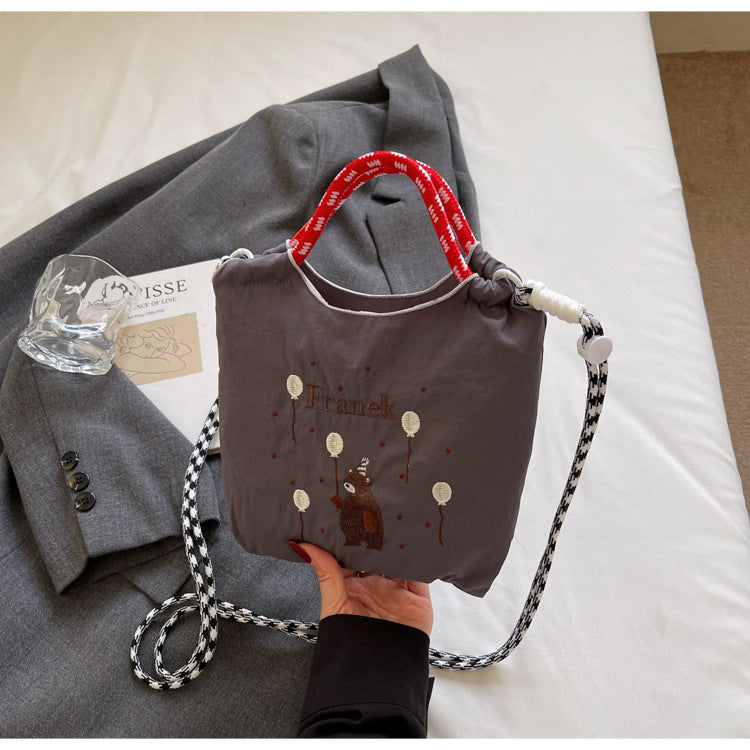 Cute Embroidered Nylon Crossbody Phone Bag Daily Commuter Bear Pattern Design
