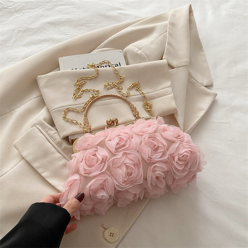 Chiffon Three-Dimensional Flower Dinner Bag Champagne Women's Handmade Dress Garment Bag Chain Decoration Handbag