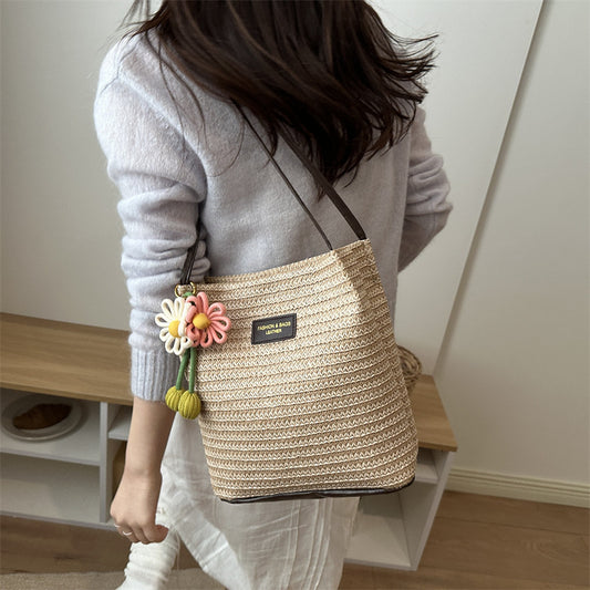 New Woven Tote Bag Flower Ornaments Beach Vacation Style Women's Shoulder Crossbody Straw Bag