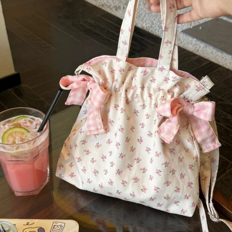 Floral Print Tote Bag with Bow Detail - Versatile Shoulder Handbag for Daily Use and Travel
