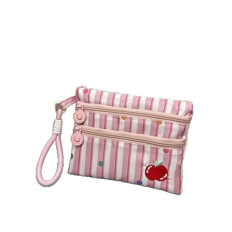 Cute Travel Wallet with Three Zipper Compartments for Passport and Cards, Embroidered Design, Portable Coin Purse