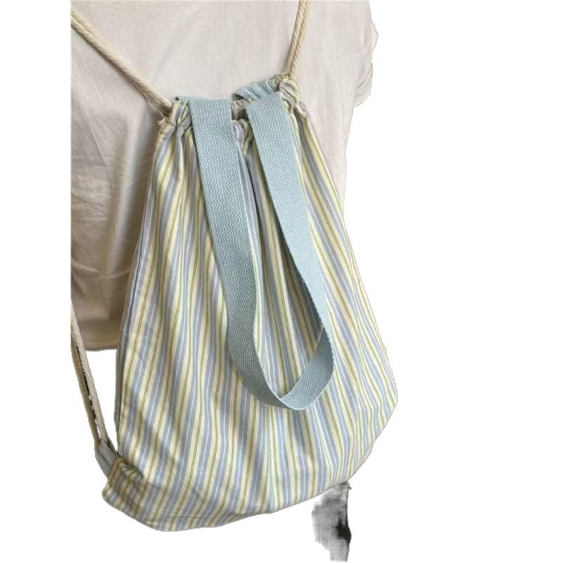 Canvas casual backpack for women, new drawstring striped large capacity shoulder bag