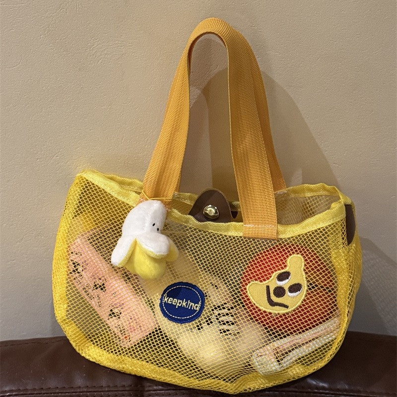 Summer Mesh Tote Bag with Cute Accessories for Beach, Bath, and Daily Use