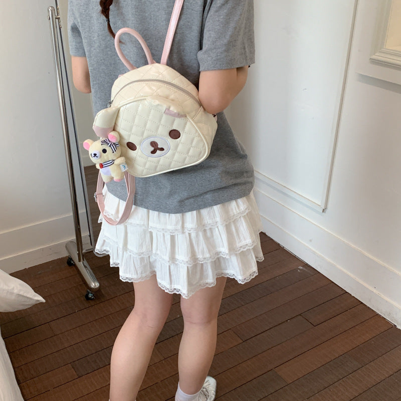 Cute Cartoon Bear Backpack with Quilted Design and Detachable Plush Charm for Daily Use