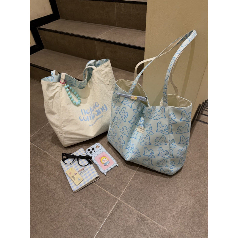 2026 New Spring Fresh Style Large Capacity Tote Bag with Bird Print, Dual-Sided Reversible Design for Casual Travel and Daily Use