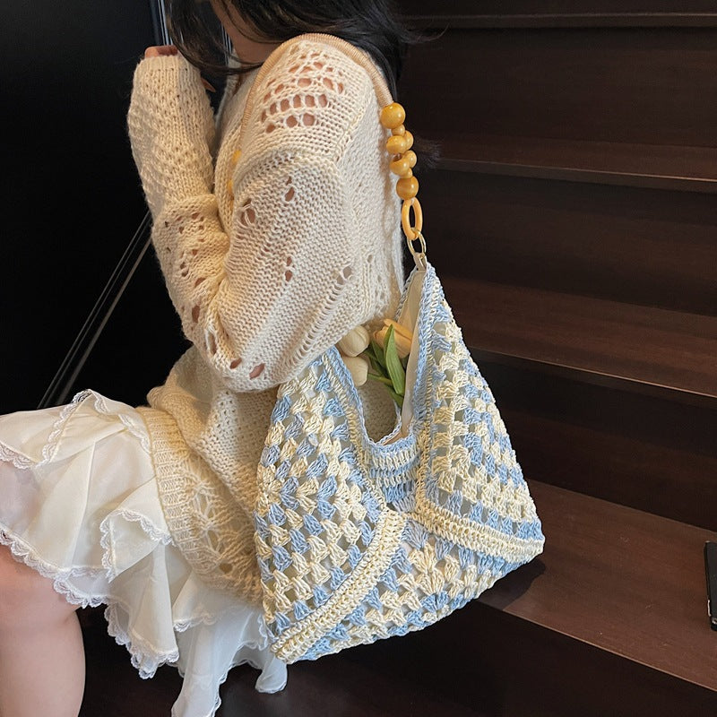 Boho Chic Handwoven Tote Bag with Wooden Bead Handle - Large Capacity Beach & Everyday Style