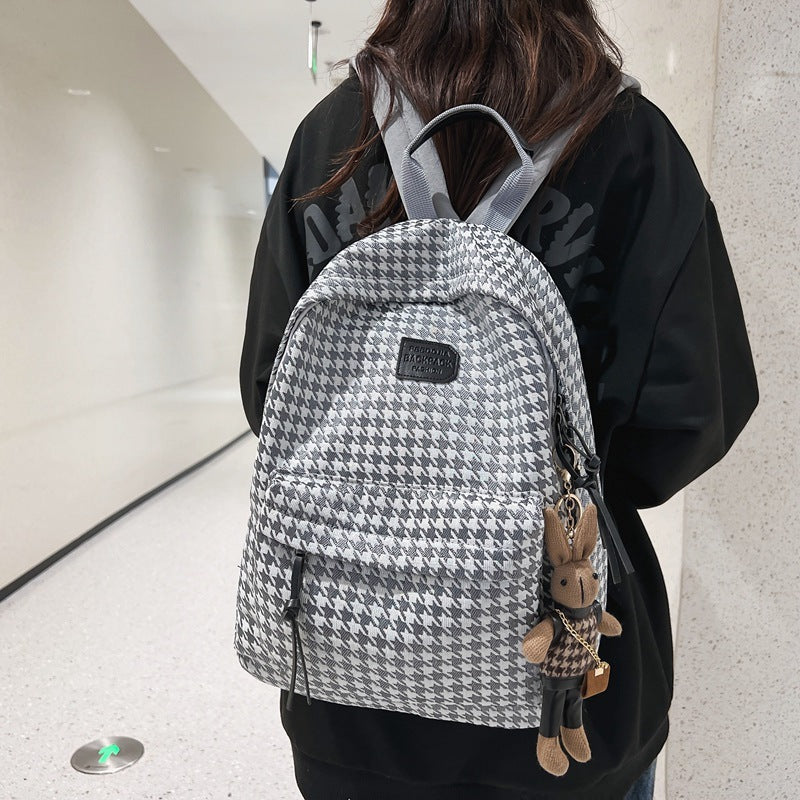 Stylish Houndstooth Backpack for Women - Lightweight, Durable & Spacious Design with Cute Rabbit Charm