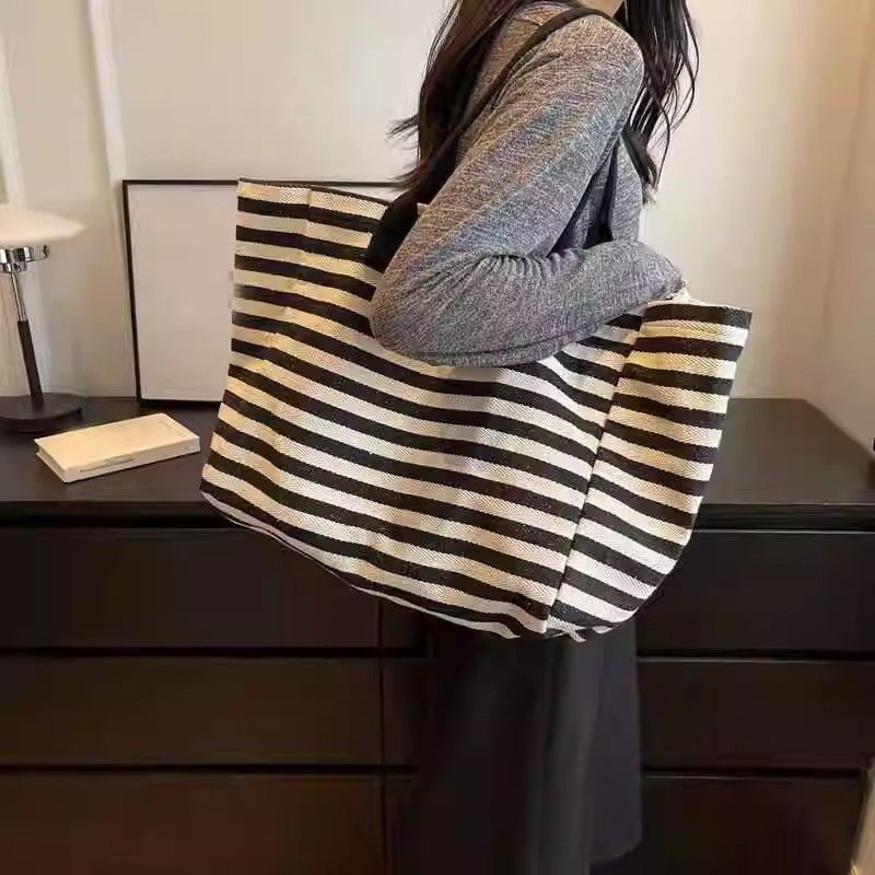 2025 New Striped Canvas Tote Bag for Women, Large Capacity Shoulder Bag with Phone Pocket, Urban Minimalist Style