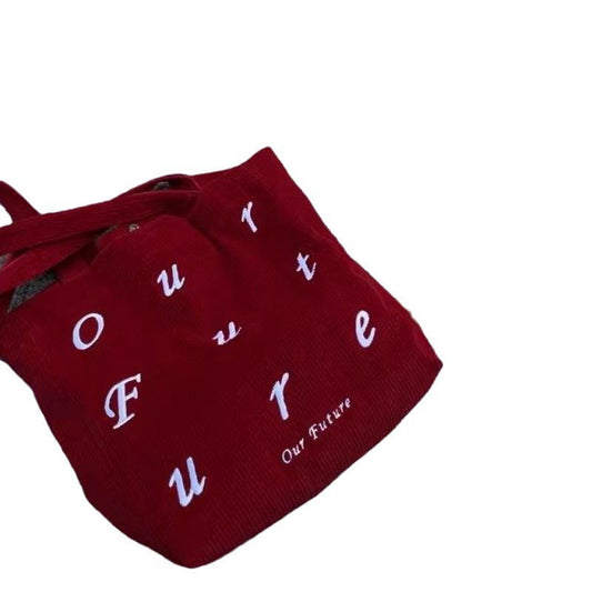 Vintage Corduroy Tote Bag with Embroidered 'Our Future' Design, Stylish Everyday Shoulder Bag for Women
