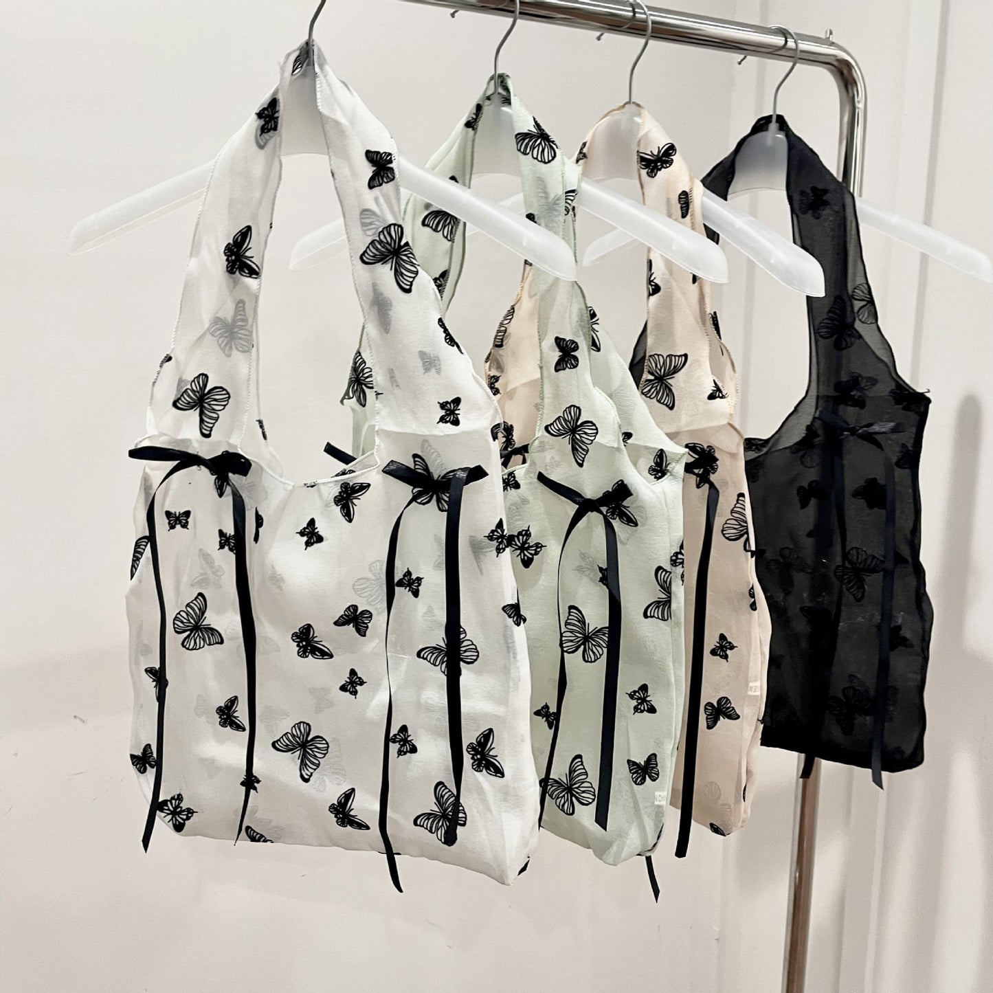 Korean Style Sheer Butterfly Embroidery Tote Bag with Bow Details for Beach Vacation and Daily Use