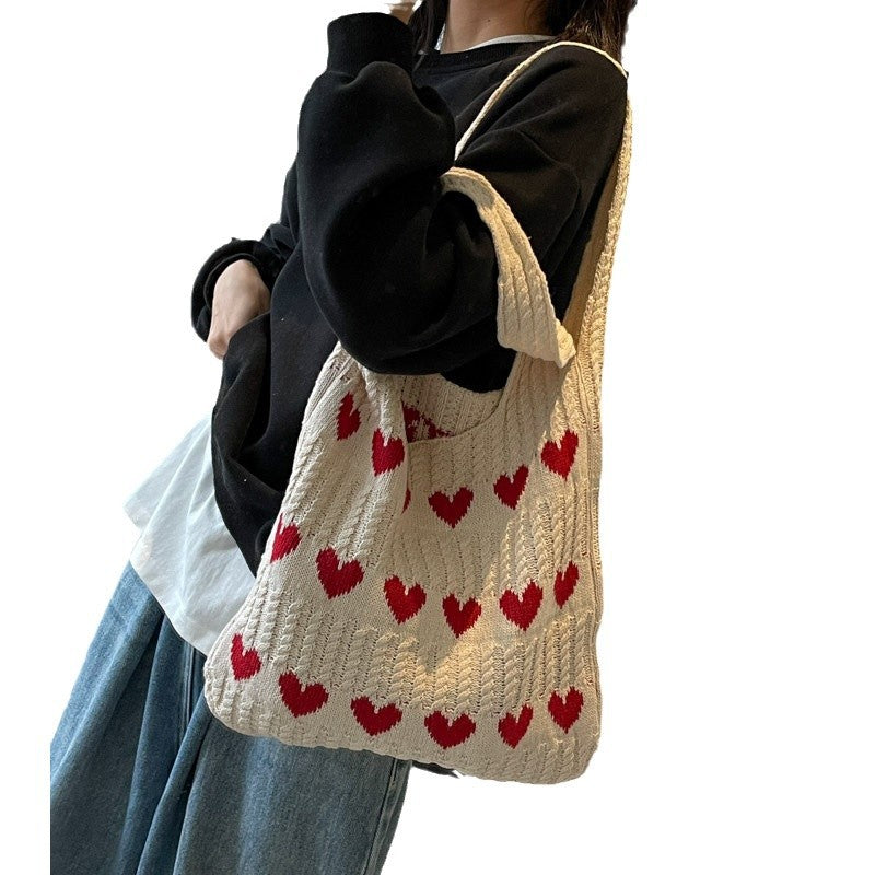 Women's Shoulder Bag Love Pattern Knitted Tote Bag Soft Handmade Shoulder Bag Daily Matching Fashion Tote Bag
