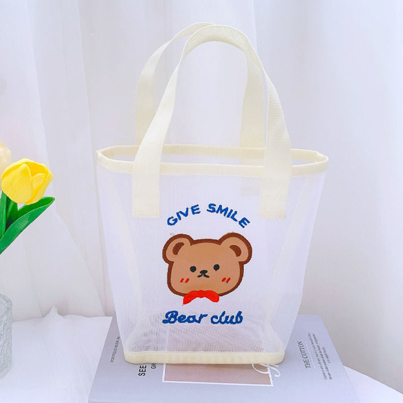 Cute Bear Embroidered Transparent Mesh Tote Bag for Daily Use and Beach Outings