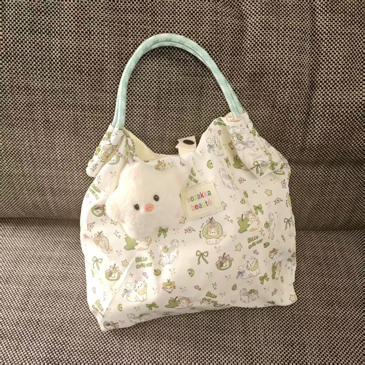 Cute Cat Print Tote Bag with Soft Star Charm, Perfect for Students and Daily Use