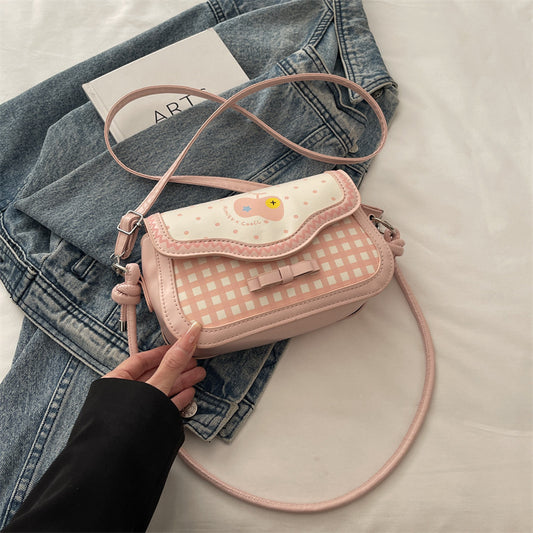 Cute Apple Small Square Bag Urban Simple Style Plaid Bow Design Fashionable All-Match Shoulder Messenger Bag