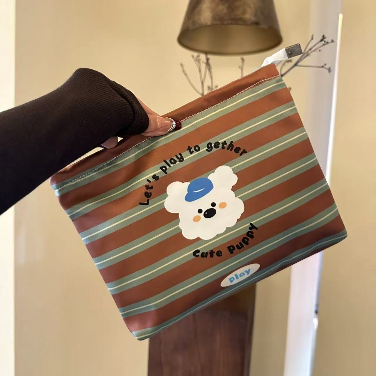 Cute Puppy Striped Make-Up Bag Zippered Large Capacity Travel Toiletry Bag