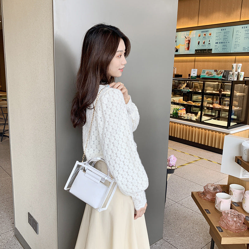 Transparent PVC Mini Tote Bag with Chain Strap and Circular Handle for Women - Fashionable Daily Use