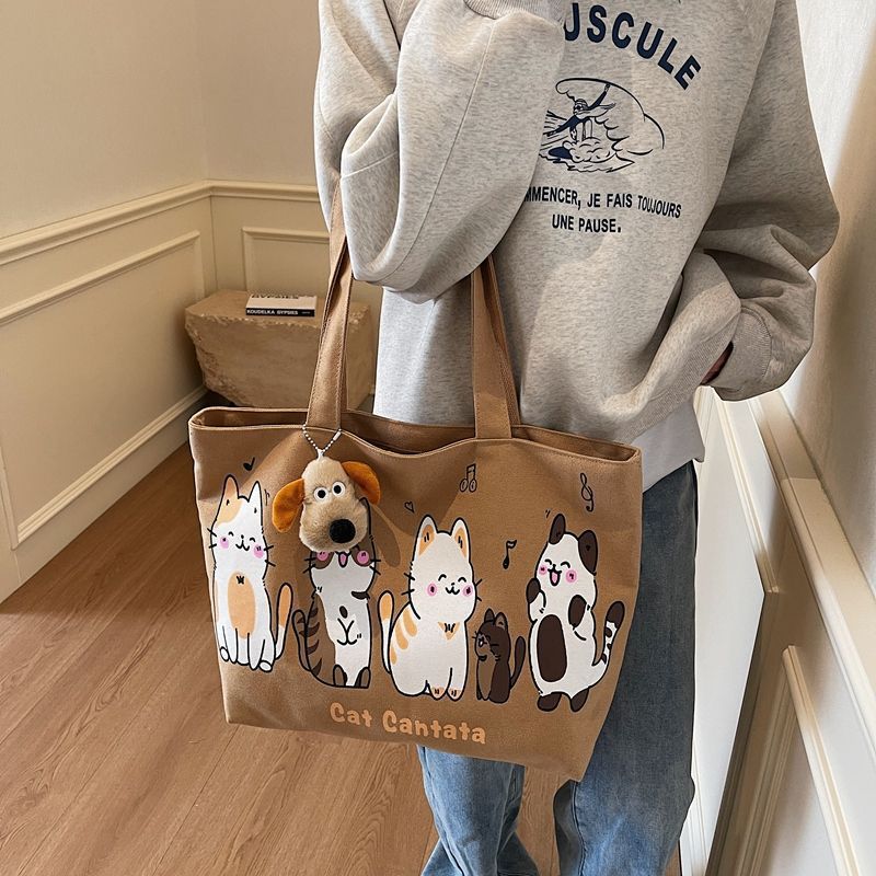 Cute Cat Design Canvas Tote Bag for Women, Large Capacity Shoulder Bag with Cartoon Print and Dog Charm, Perfect for Daily Use and School