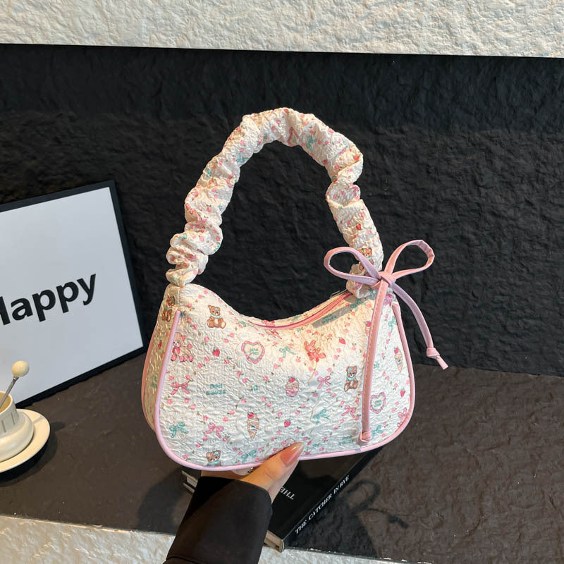 Cute Floral Quilted Crossbody Bag with Bow Detail for Women, Stylish Everyday Shoulder Bag with Zipper Closure and Inner Pockets