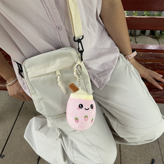 Handbag Pendant Cute Cartoon Bubble Tea Plush Pendant Smiley Strawberry Design Suitable for Bag Matching
